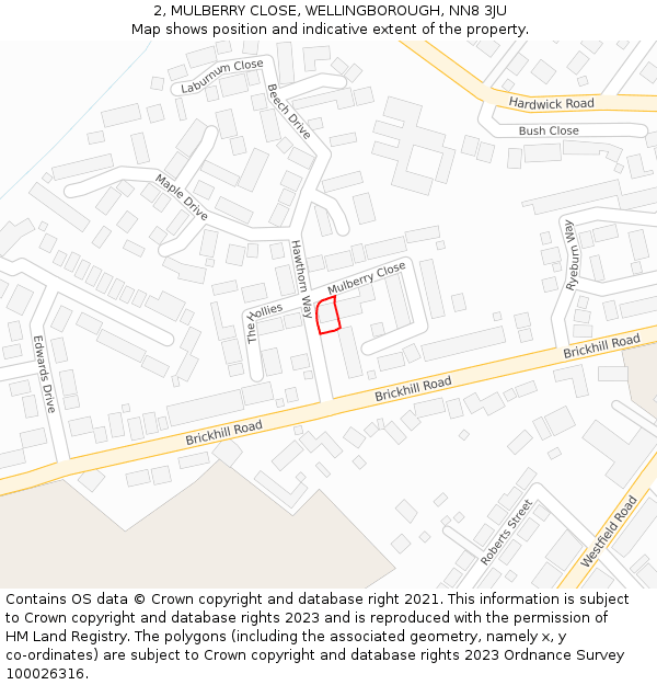 2, MULBERRY CLOSE, WELLINGBOROUGH, NN8 3JU: Location map and indicative extent of plot