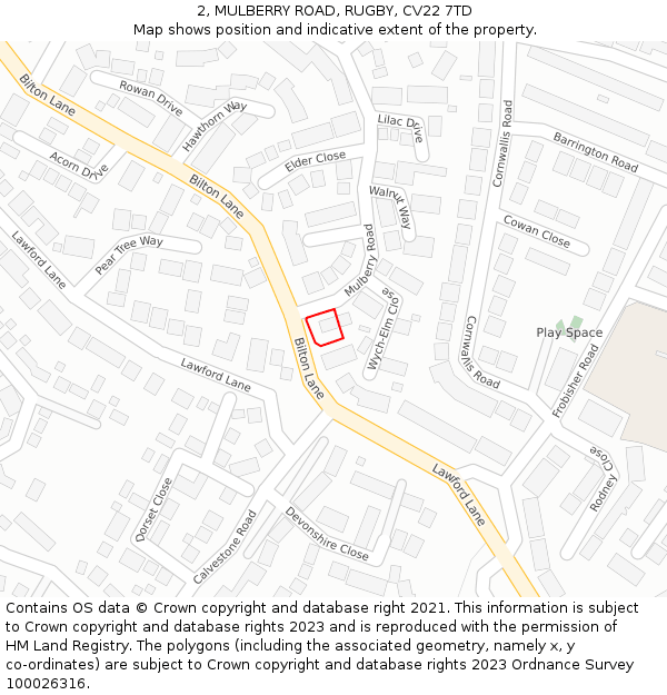 2, MULBERRY ROAD, RUGBY, CV22 7TD: Location map and indicative extent of plot