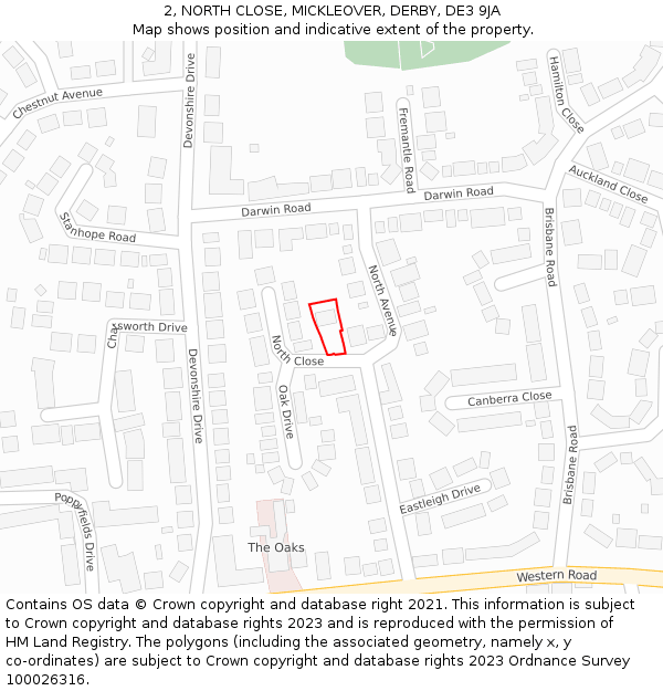 2, NORTH CLOSE, MICKLEOVER, DERBY, DE3 9JA: Location map and indicative extent of plot