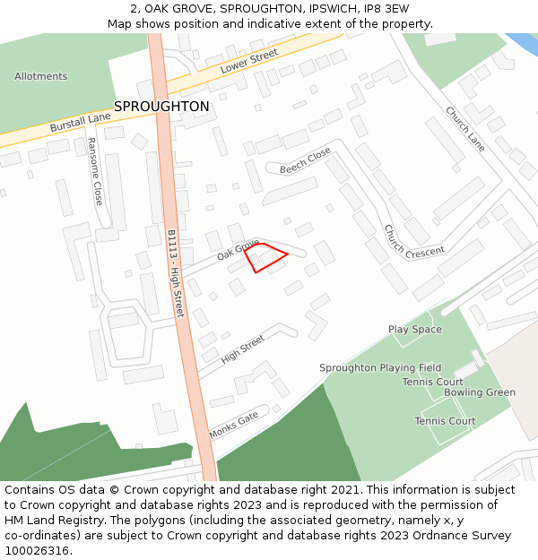 2, OAK GROVE, SPROUGHTON, IPSWICH, IP8 3EW: Location map and indicative extent of plot