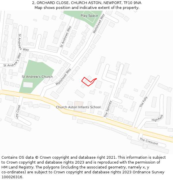 2, ORCHARD CLOSE, CHURCH ASTON, NEWPORT, TF10 9NA: Location map and indicative extent of plot