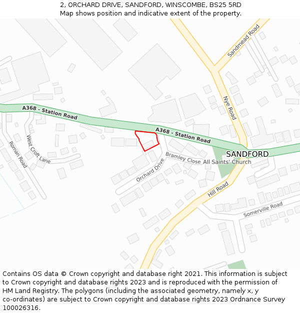 2, ORCHARD DRIVE, SANDFORD, WINSCOMBE, BS25 5RD: Location map and indicative extent of plot