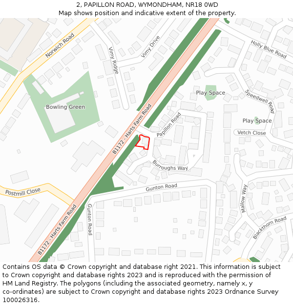 2, PAPILLON ROAD, WYMONDHAM, NR18 0WD: Location map and indicative extent of plot