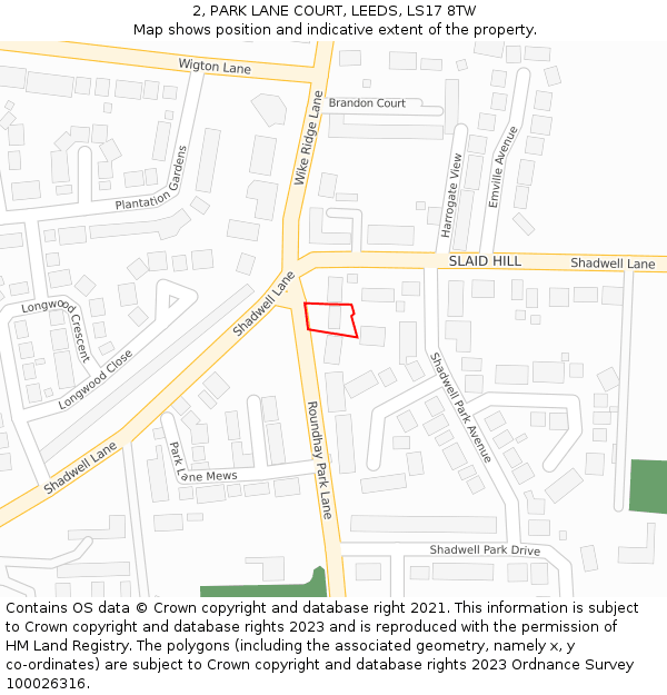 2, PARK LANE COURT, LEEDS, LS17 8TW: Location map and indicative extent of plot