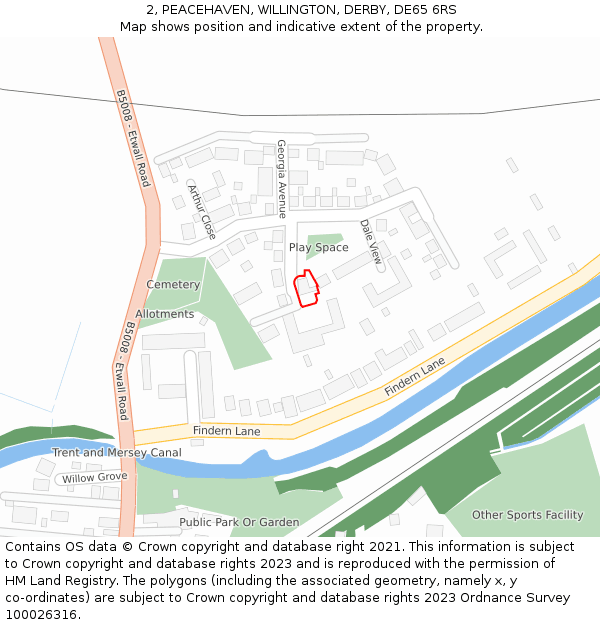 2, PEACEHAVEN, WILLINGTON, DERBY, DE65 6RS: Location map and indicative extent of plot