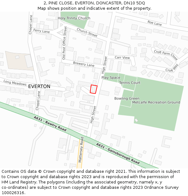 2, PINE CLOSE, EVERTON, DONCASTER, DN10 5DQ: Location map and indicative extent of plot