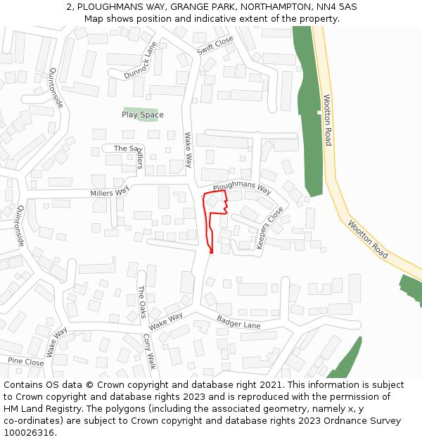 2, PLOUGHMANS WAY, GRANGE PARK, NORTHAMPTON, NN4 5AS: Location map and indicative extent of plot