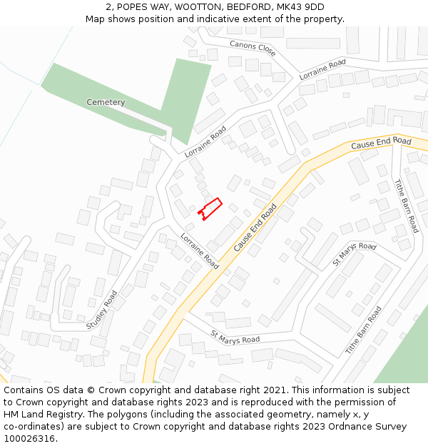 2, POPES WAY, WOOTTON, BEDFORD, MK43 9DD: Location map and indicative extent of plot