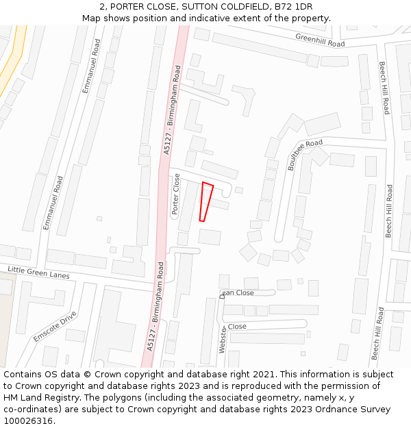 2, PORTER CLOSE, SUTTON COLDFIELD, B72 1DR: Location map and indicative extent of plot