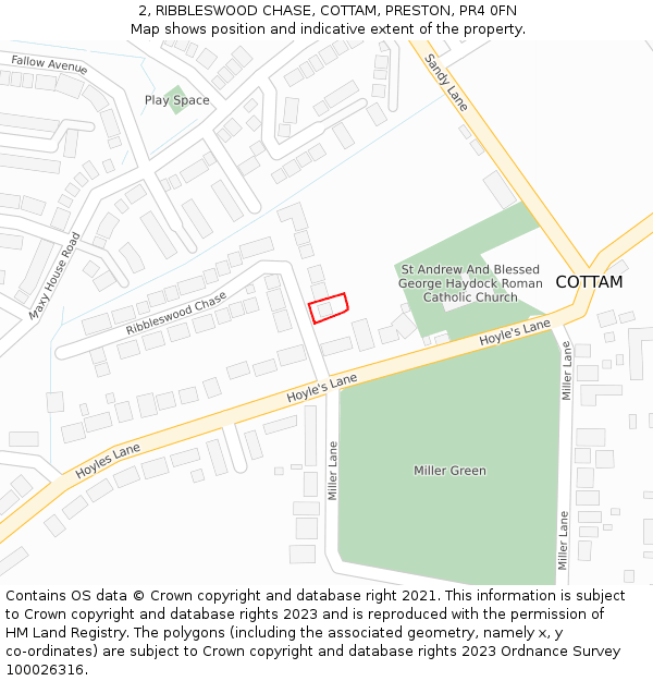 2, RIBBLESWOOD CHASE, COTTAM, PRESTON, PR4 0FN: Location map and indicative extent of plot