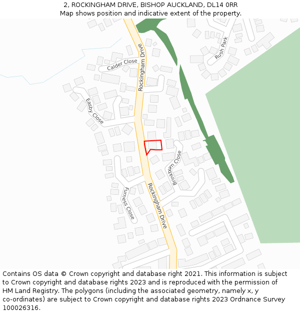 2, ROCKINGHAM DRIVE, BISHOP AUCKLAND, DL14 0RR: Location map and indicative extent of plot