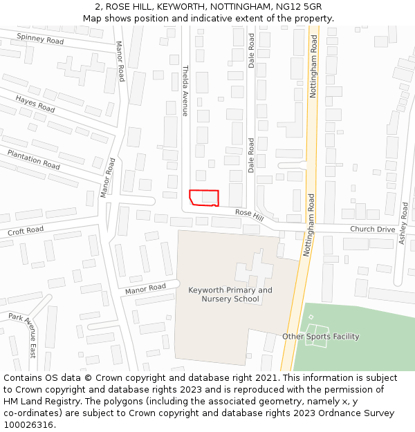 2, ROSE HILL, KEYWORTH, NOTTINGHAM, NG12 5GR: Location map and indicative extent of plot