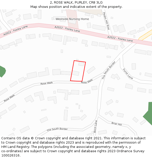 2, ROSE WALK, PURLEY, CR8 3LG: Location map and indicative extent of plot