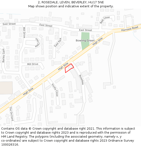 2, ROSEDALE, LEVEN, BEVERLEY, HU17 5NE: Location map and indicative extent of plot