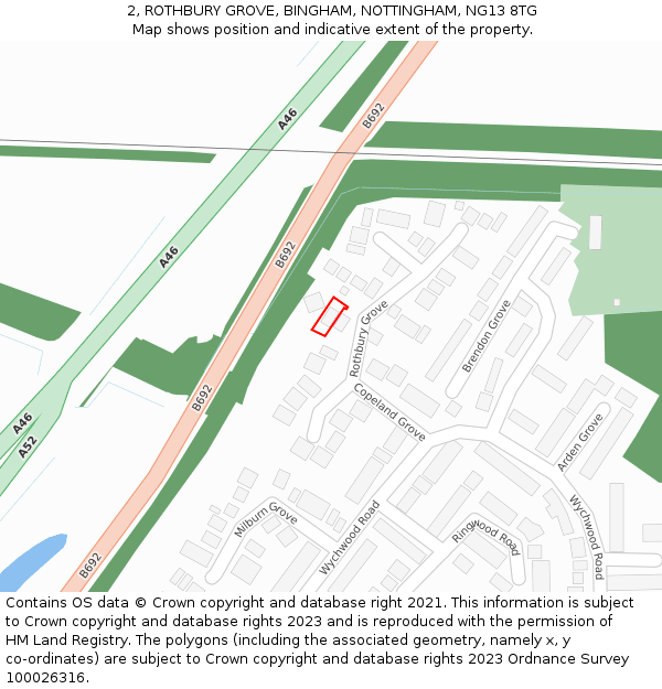 2, ROTHBURY GROVE, BINGHAM, NOTTINGHAM, NG13 8TG: Location map and indicative extent of plot