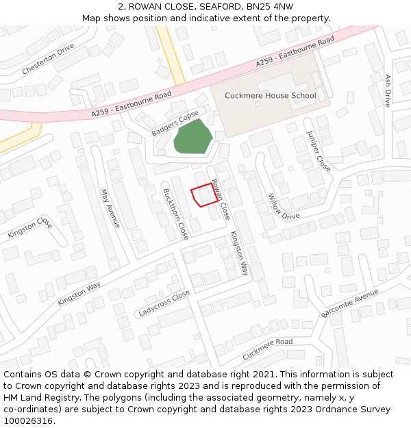 2, ROWAN CLOSE, SEAFORD, BN25 4NW: Location map and indicative extent of plot