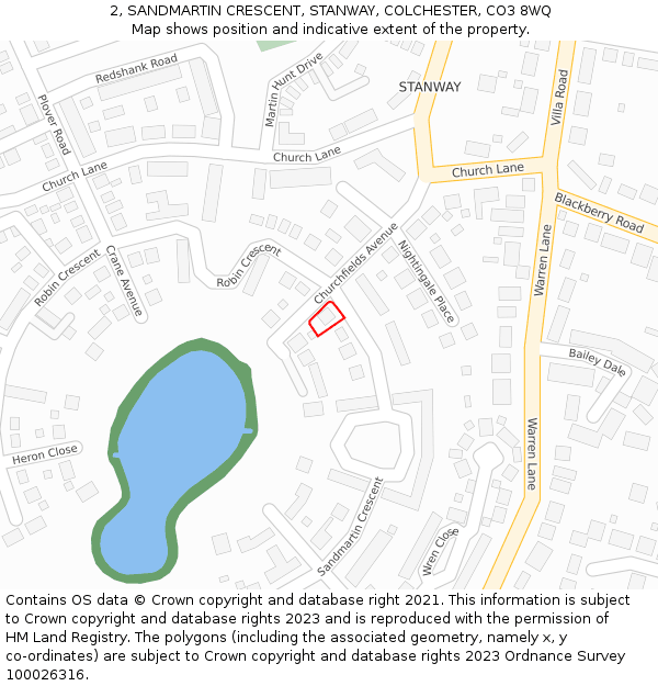 2, SANDMARTIN CRESCENT, STANWAY, COLCHESTER, CO3 8WQ: Location map and indicative extent of plot