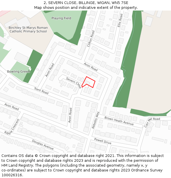 2, SEVERN CLOSE, BILLINGE, WIGAN, WN5 7SE: Location map and indicative extent of plot