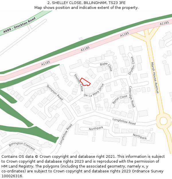 2, SHELLEY CLOSE, BILLINGHAM, TS23 3FE: Location map and indicative extent of plot