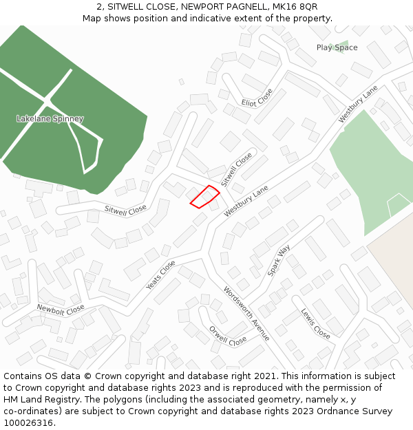 2, SITWELL CLOSE, NEWPORT PAGNELL, MK16 8QR: Location map and indicative extent of plot