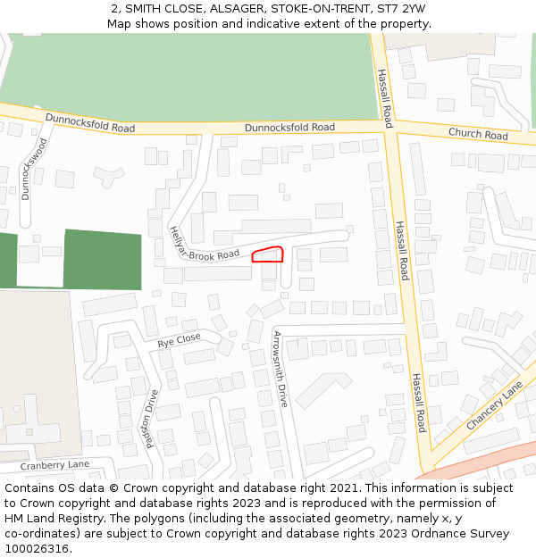 2, SMITH CLOSE, ALSAGER, STOKE-ON-TRENT, ST7 2YW: Location map and indicative extent of plot