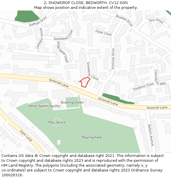 2, SNOWDROP CLOSE, BEDWORTH, CV12 0GN: Location map and indicative extent of plot