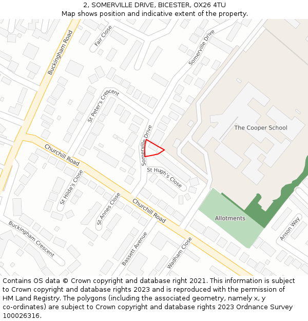 2, SOMERVILLE DRIVE, BICESTER, OX26 4TU: Location map and indicative extent of plot