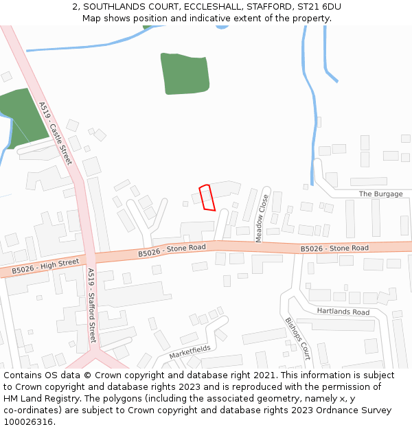 2, SOUTHLANDS COURT, ECCLESHALL, STAFFORD, ST21 6DU: Location map and indicative extent of plot