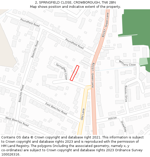 2, SPRINGFIELD CLOSE, CROWBOROUGH, TN6 2BN: Location map and indicative extent of plot