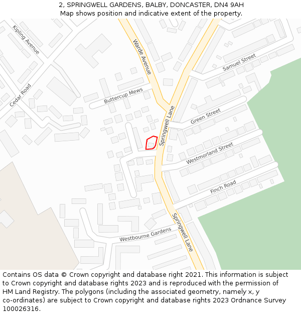 2, SPRINGWELL GARDENS, BALBY, DONCASTER, DN4 9AH: Location map and indicative extent of plot