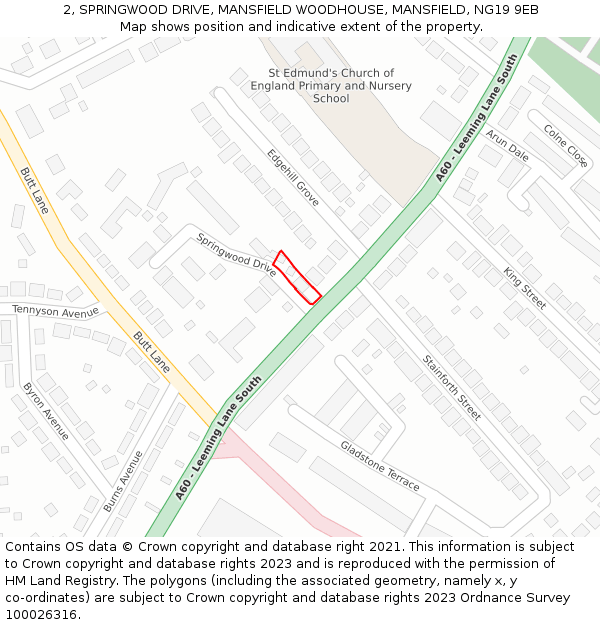 2, SPRINGWOOD DRIVE, MANSFIELD WOODHOUSE, MANSFIELD, NG19 9EB: Location map and indicative extent of plot