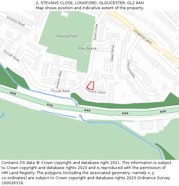 2, STEVANS CLOSE, LONGFORD, GLOUCESTER, GL2 9AN: Location map and indicative extent of plot