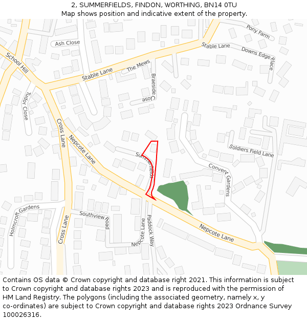 2, SUMMERFIELDS, FINDON, WORTHING, BN14 0TU: Location map and indicative extent of plot