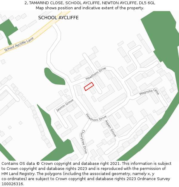 2, TAMARIND CLOSE, SCHOOL AYCLIFFE, NEWTON AYCLIFFE, DL5 6GL: Location map and indicative extent of plot