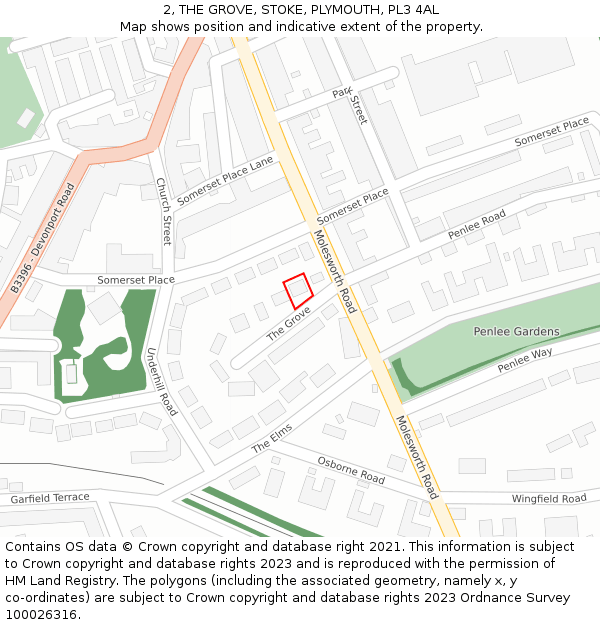 2, THE GROVE, STOKE, PLYMOUTH, PL3 4AL: Location map and indicative extent of plot