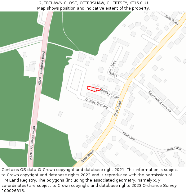 2, TRELAWN CLOSE, OTTERSHAW, CHERTSEY, KT16 0LU: Location map and indicative extent of plot