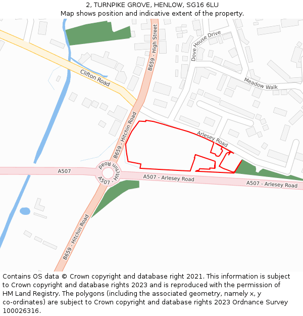 2, TURNPIKE GROVE, HENLOW, SG16 6LU: Location map and indicative extent of plot