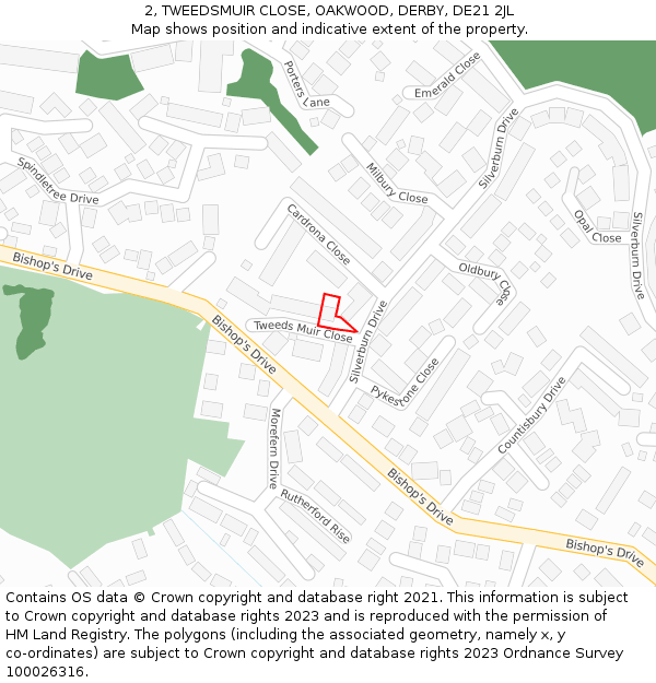 2, TWEEDSMUIR CLOSE, OAKWOOD, DERBY, DE21 2JL: Location map and indicative extent of plot