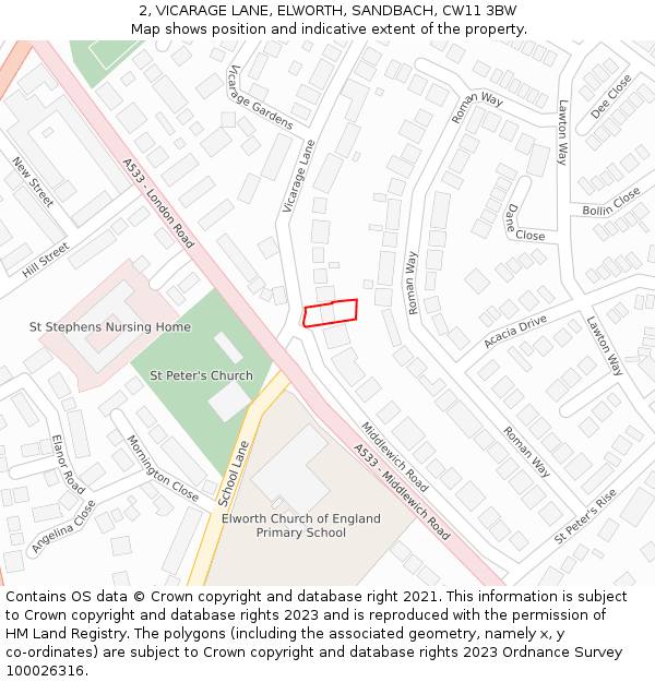 2, VICARAGE LANE, ELWORTH, SANDBACH, CW11 3BW: Location map and indicative extent of plot