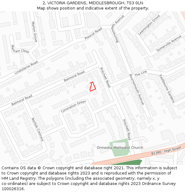 2, VICTORIA GARDENS, MIDDLESBROUGH, TS3 0LN: Location map and indicative extent of plot