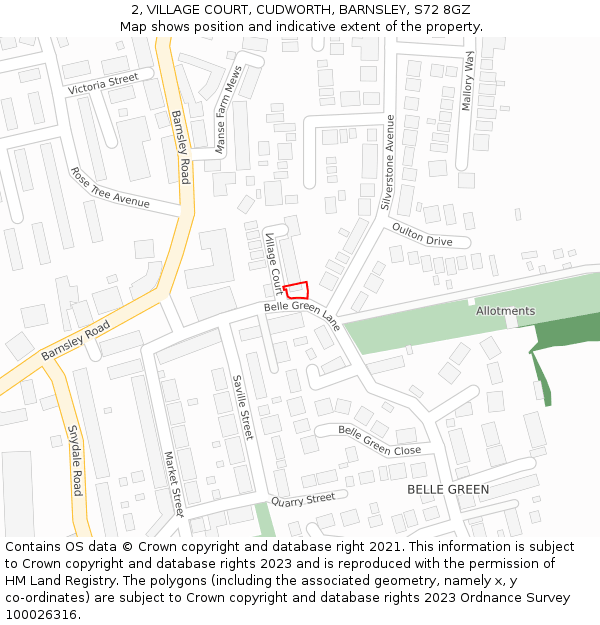 2, VILLAGE COURT, CUDWORTH, BARNSLEY, S72 8GZ: Location map and indicative extent of plot