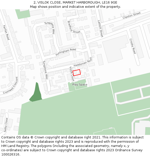 2, VISLOK CLOSE, MARKET HARBOROUGH, LE16 9GE: Location map and indicative extent of plot