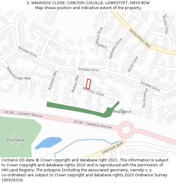 2, WANNOCK CLOSE, CARLTON COLVILLE, LOWESTOFT, NR33 8DW: Location map and indicative extent of plot