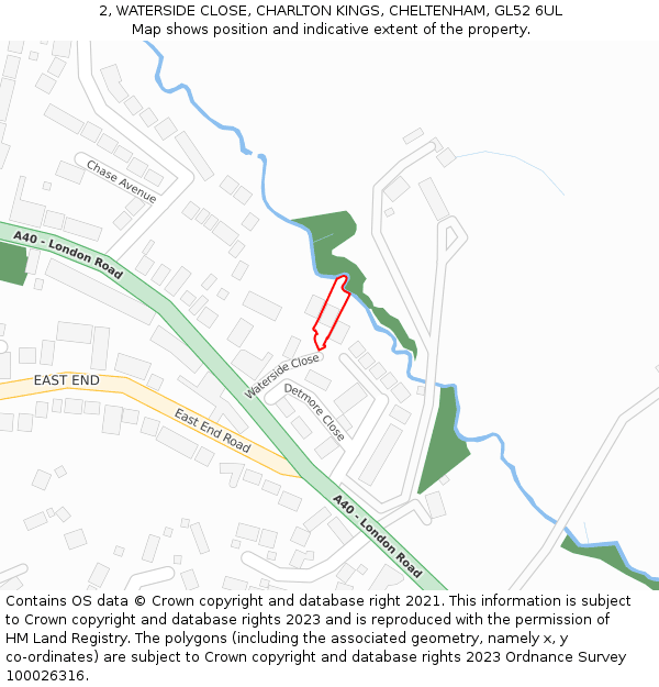 2, WATERSIDE CLOSE, CHARLTON KINGS, CHELTENHAM, GL52 6UL: Location map and indicative extent of plot