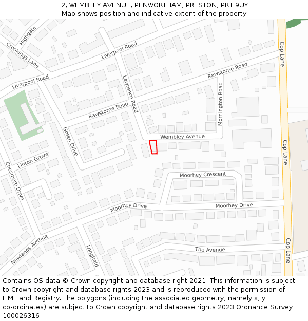 2, WEMBLEY AVENUE, PENWORTHAM, PRESTON, PR1 9UY: Location map and indicative extent of plot