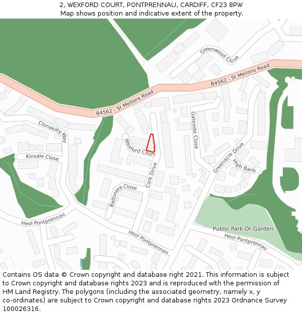 2, WEXFORD COURT, PONTPRENNAU, CARDIFF, CF23 8PW: Location map and indicative extent of plot