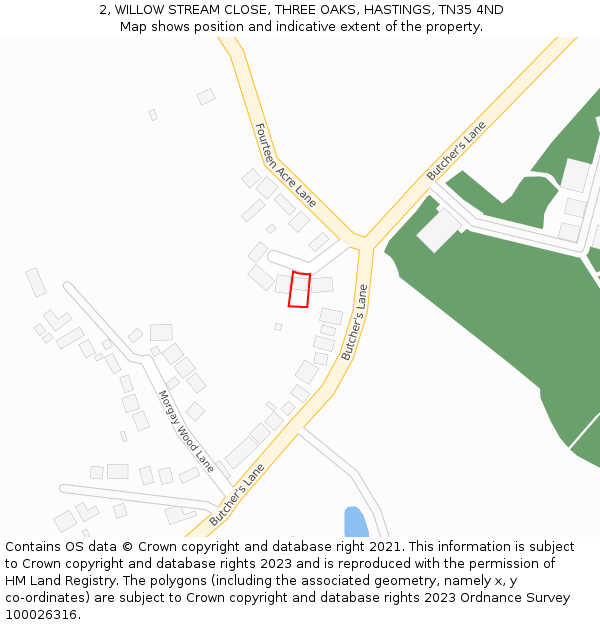 2, WILLOW STREAM CLOSE, THREE OAKS, HASTINGS, TN35 4ND: Location map and indicative extent of plot