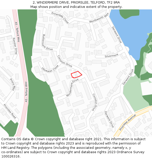 2, WINDERMERE DRIVE, PRIORSLEE, TELFORD, TF2 9RA: Location map and indicative extent of plot