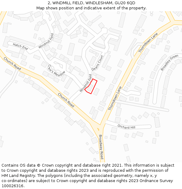 2, WINDMILL FIELD, WINDLESHAM, GU20 6QD: Location map and indicative extent of plot