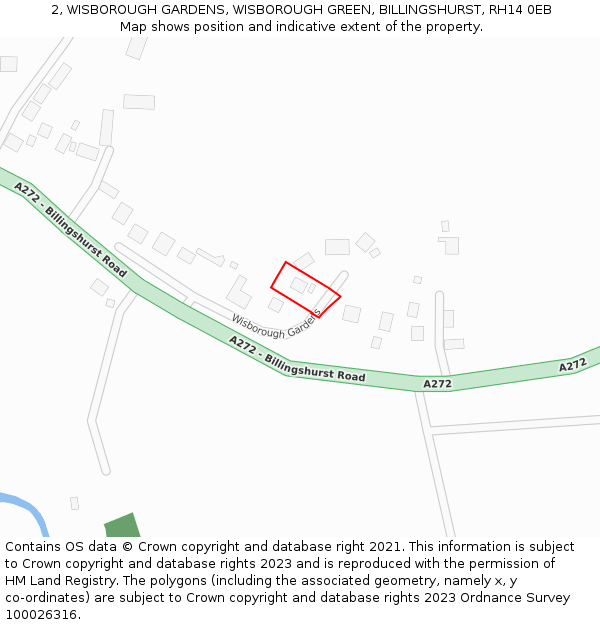 2, WISBOROUGH GARDENS, WISBOROUGH GREEN, BILLINGSHURST, RH14 0EB: Location map and indicative extent of plot